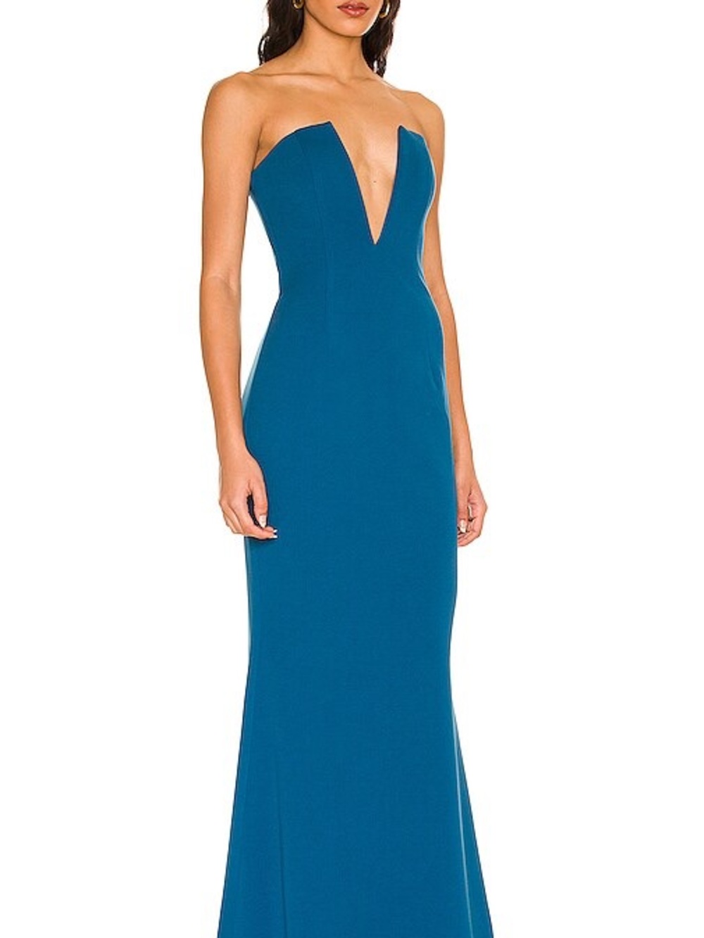 Katie May Strapless Plunge Evening Gown in Teal Blue